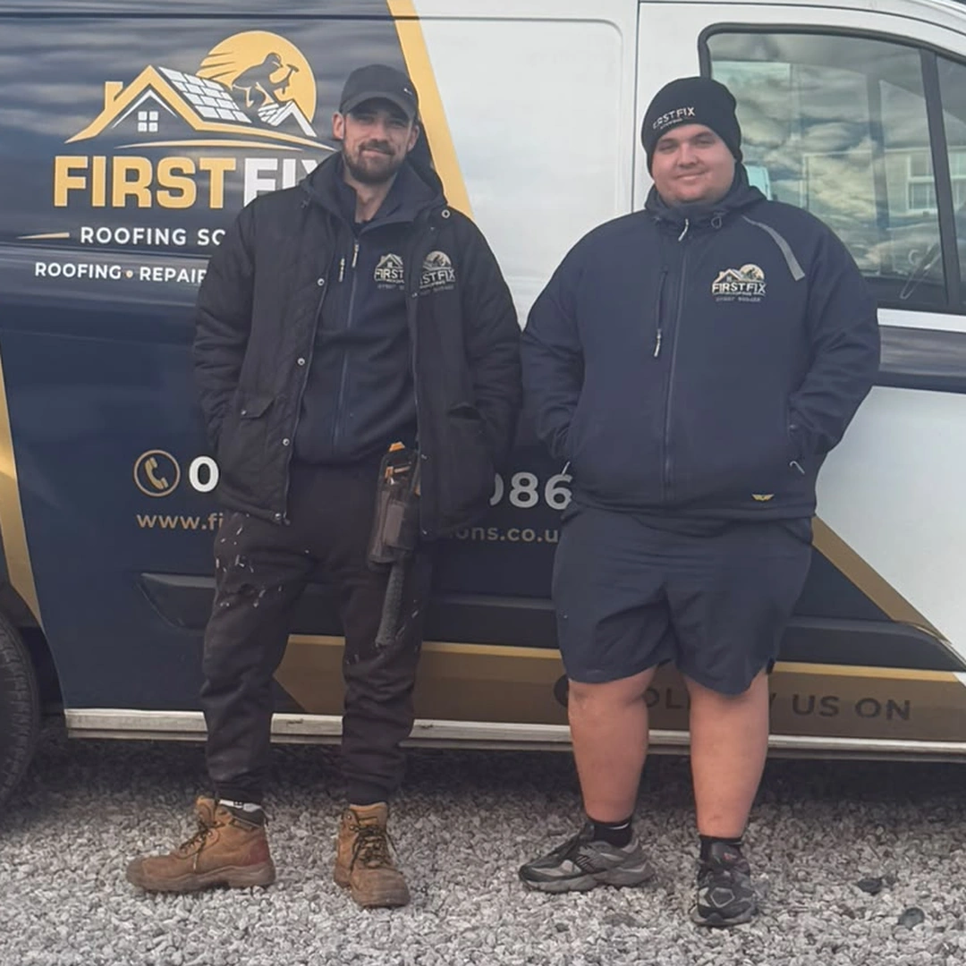 Isaac Johnstone and the First Fix Roofing Solutions team with the van